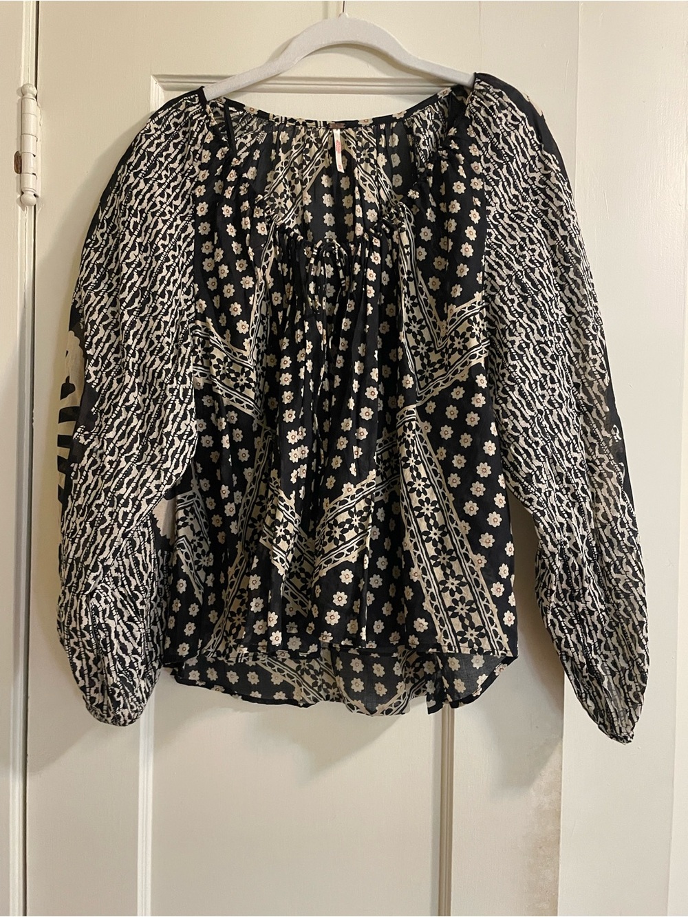 Free People Black and Cream Printed Peasant Blouse
